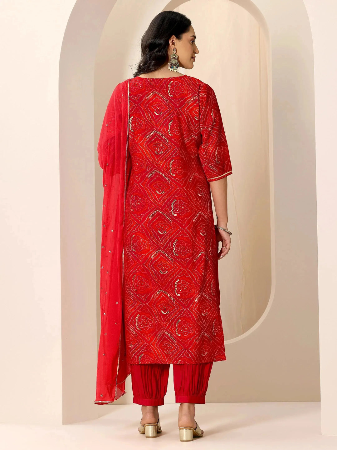  Red Bandhani Printed Silk Blend Straight Suit Set With Dupatta 