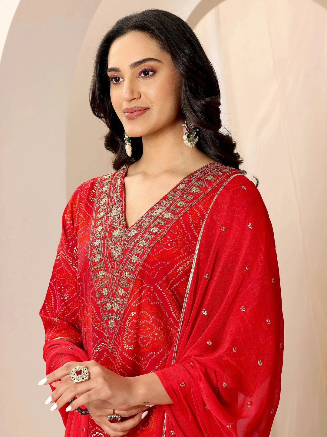  Red Bandhani Printed Silk Blend Straight Suit Set With Dupatta 