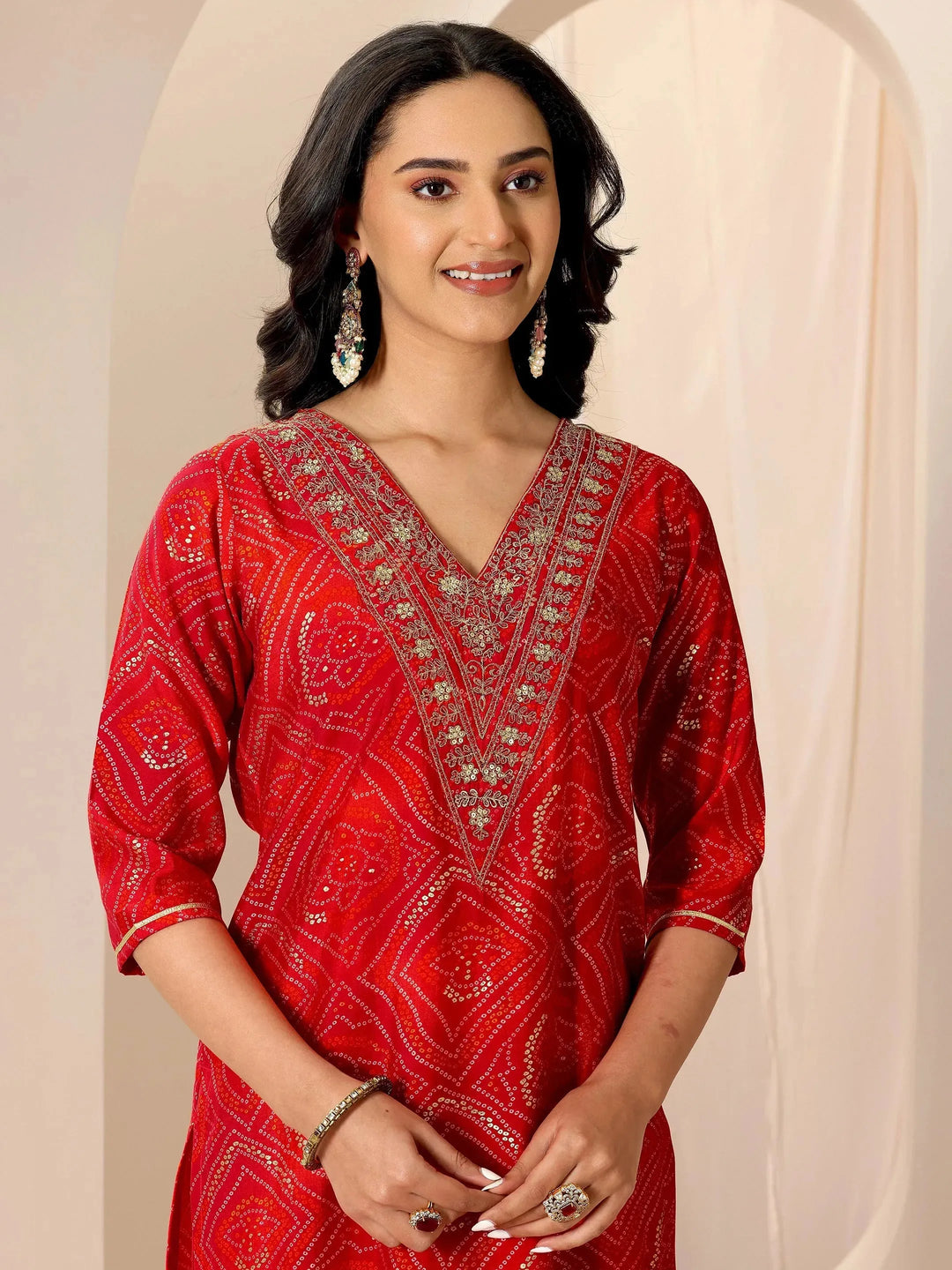  Red Bandhani Printed Silk Blend Straight Suit Set With Dupatta 