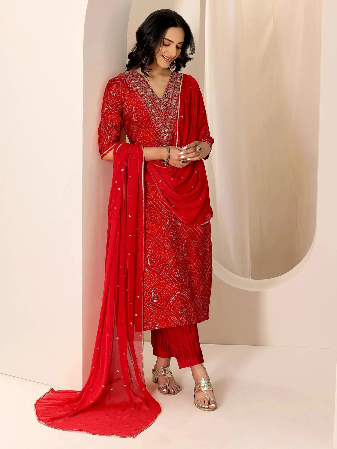  Red Bandhani Printed Silk Blend Straight Suit Set With Dupatta 