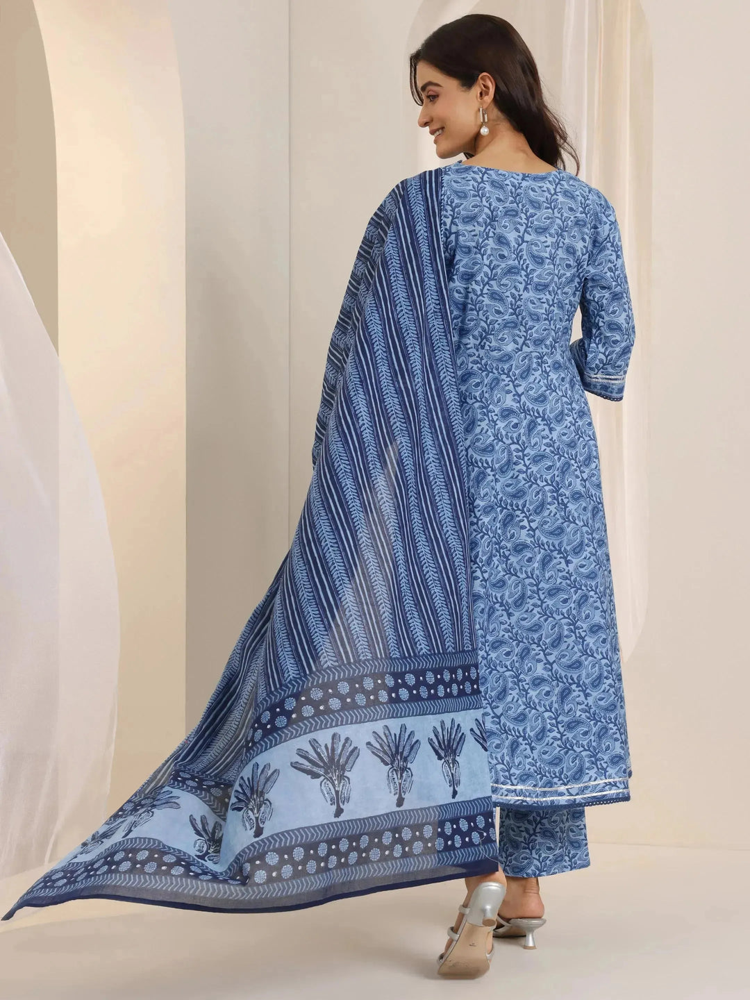  Blue Floral Printed Cotton Anarkali Suit Set With Dupatta 