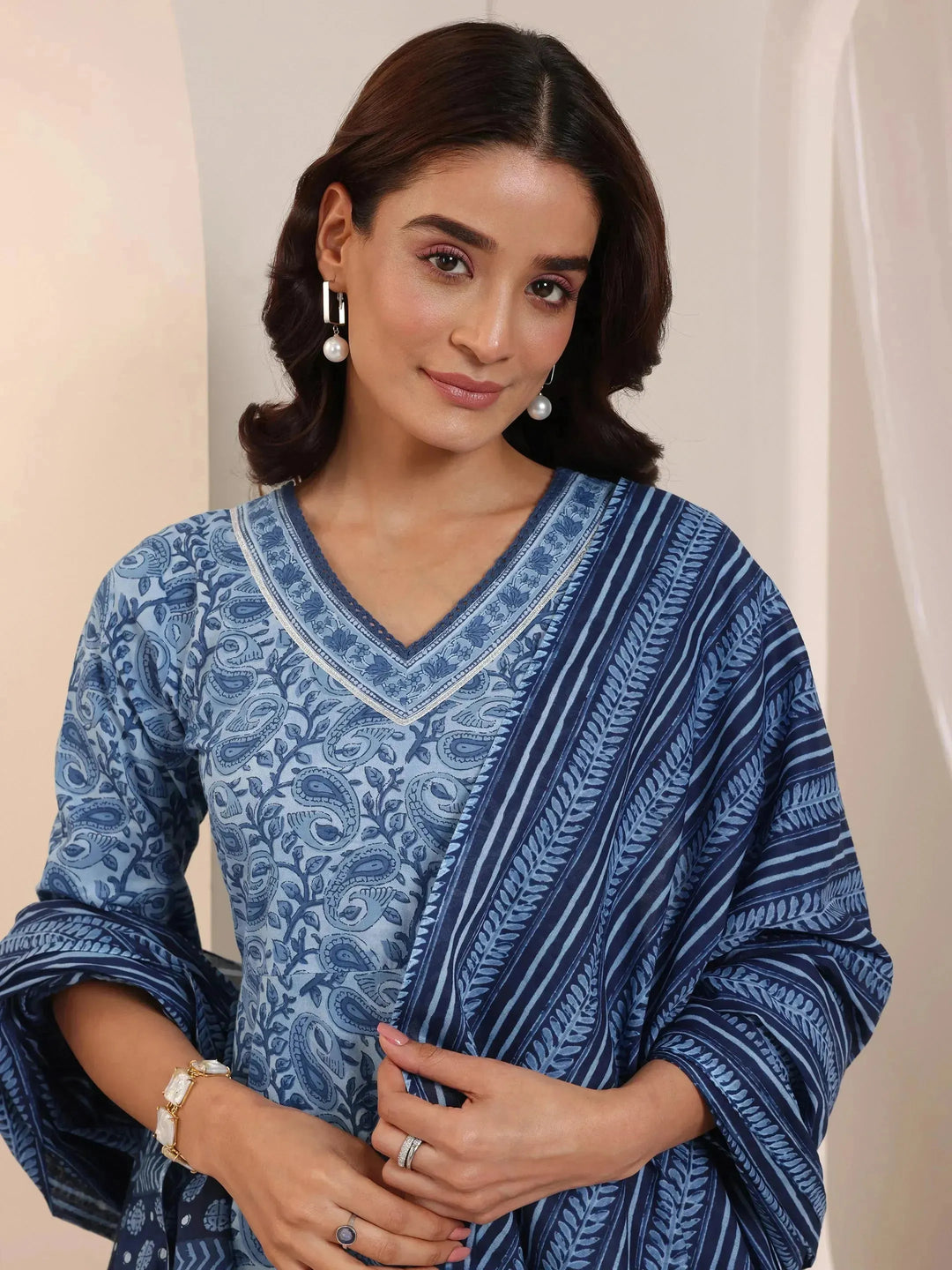  Blue Floral Printed Cotton Anarkali Suit Set With Dupatta 