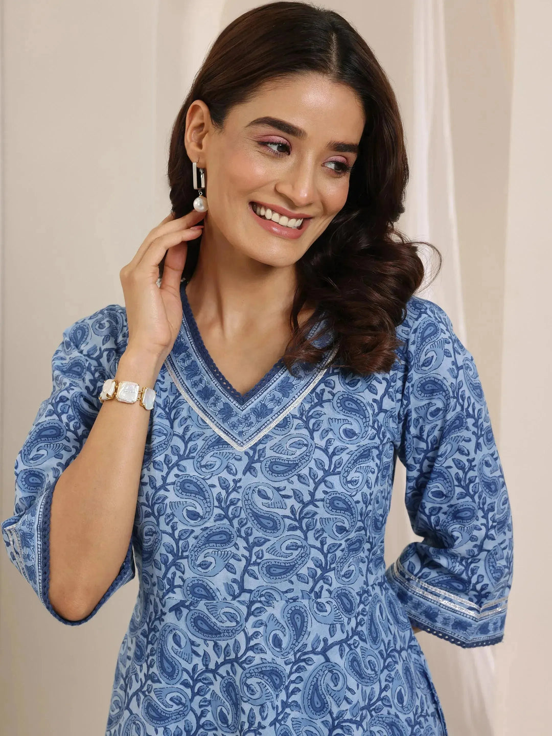  Blue Floral Printed Cotton Anarkali Suit Set With Dupatta 