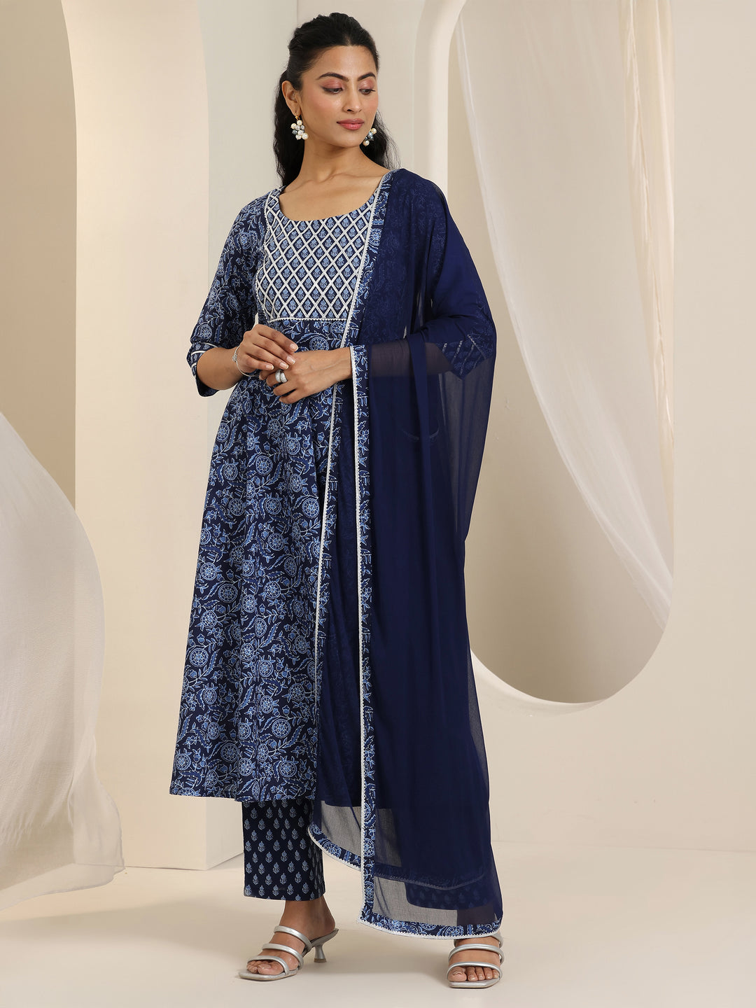  Blue Floral Printed Cotton Anarkali Suit Set With Dupatta 
