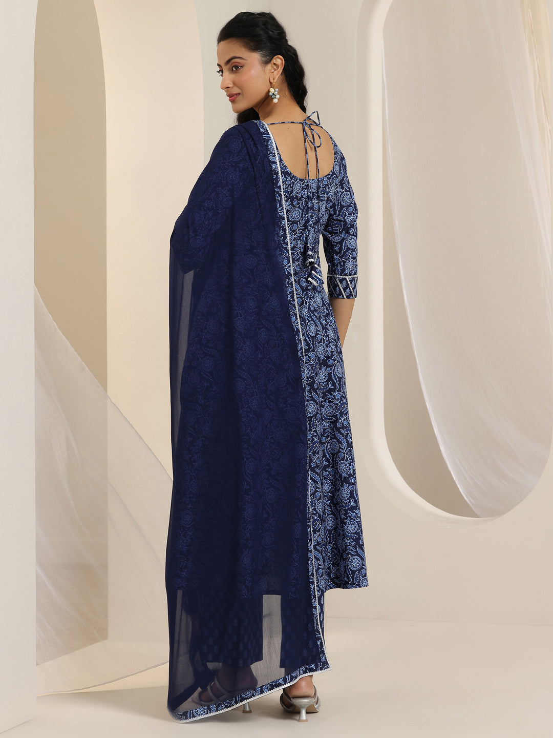  Blue Floral Printed Cotton Anarkali Suit Set With Dupatta 