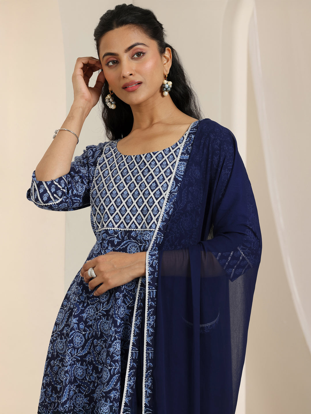 Blue Floral Printed Cotton Anarkali Suit Set With Dupatta 