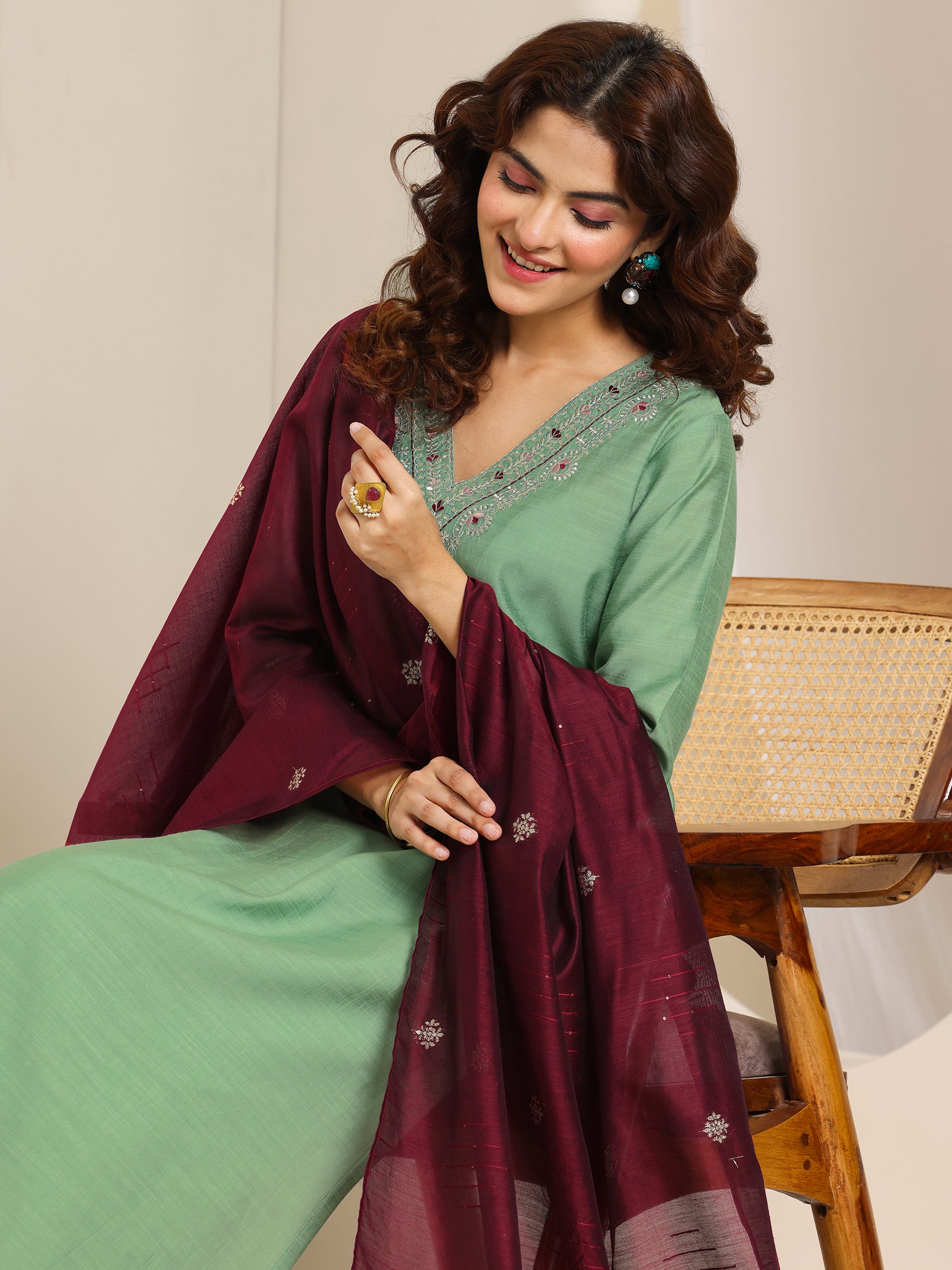 libas Green Yoke Design Silk Blend Straight Suit Set With Dupatta-picture-28