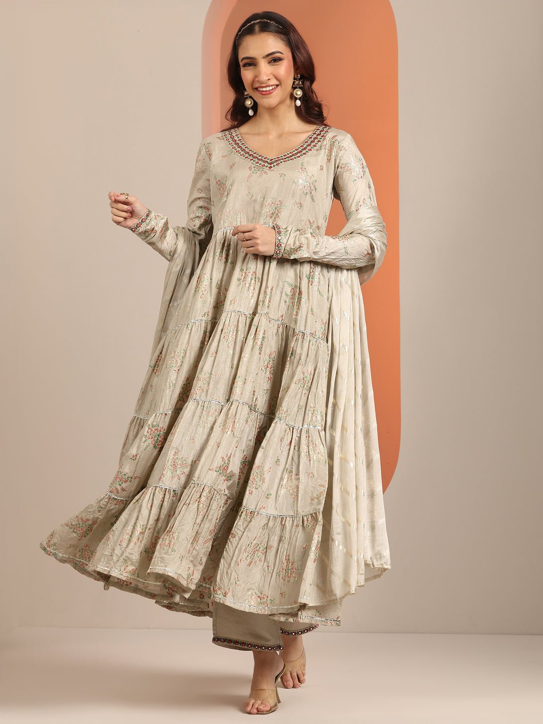  Grey Floral Printed Silk Blend Anarkali Suit Set With Dupatta 