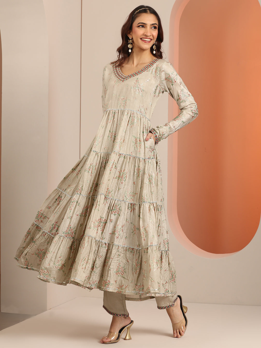  Grey Floral Printed Silk Blend Anarkali Suit Set With Dupatta 