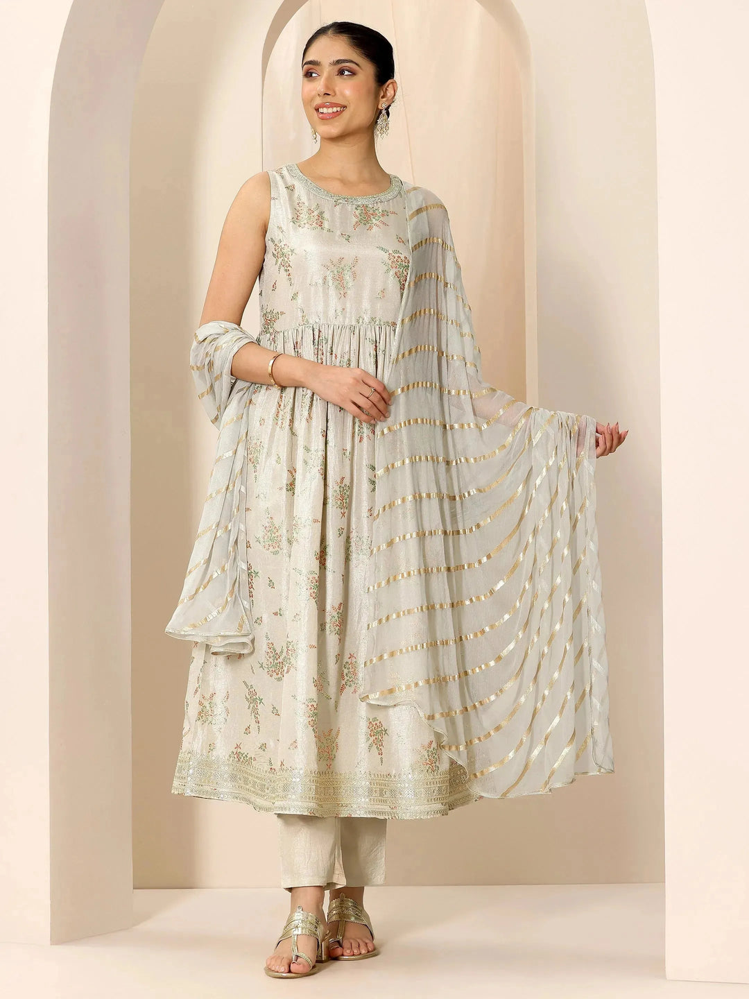  Grey Floral Printed Silk Blend Flared Suit Set With Dupatta 