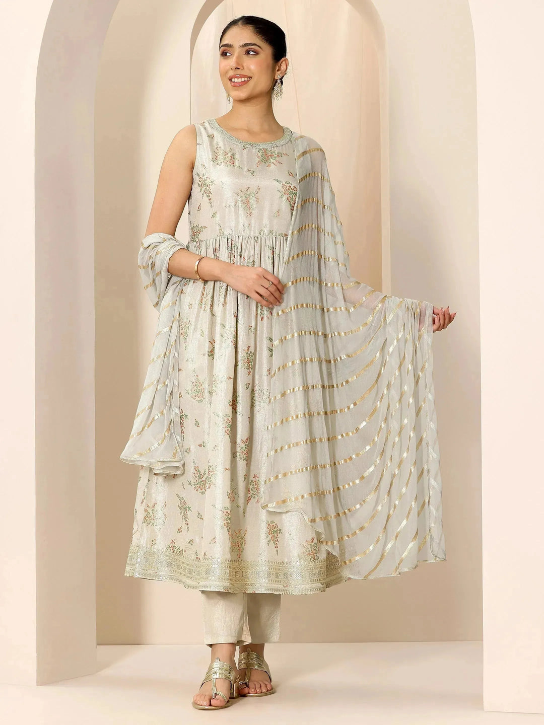  Grey Floral Printed Silk Blend Flared Suit Set With Dupatta 