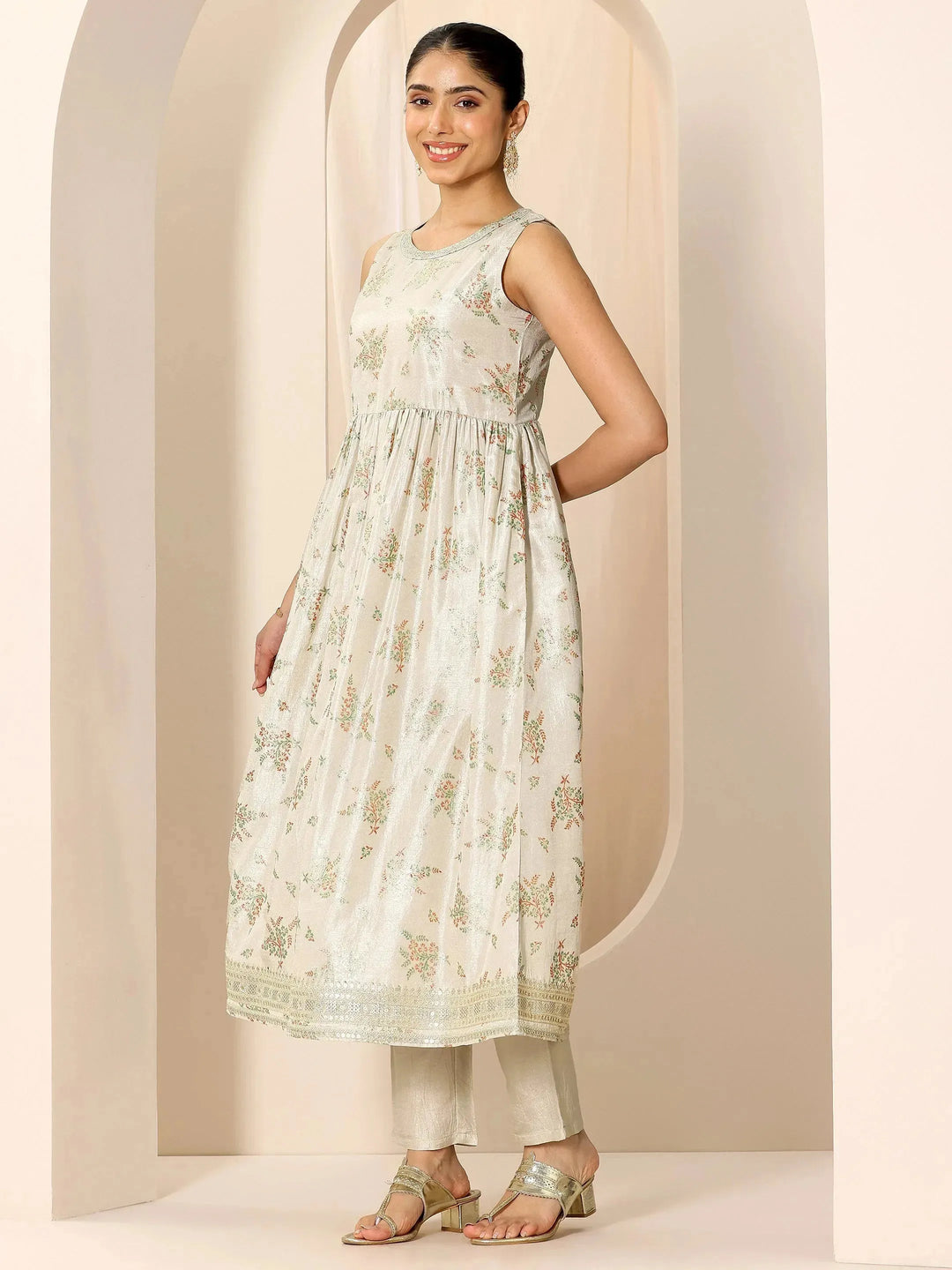 Grey Floral Printed Silk Blend Flared Suit Set With Dupatta