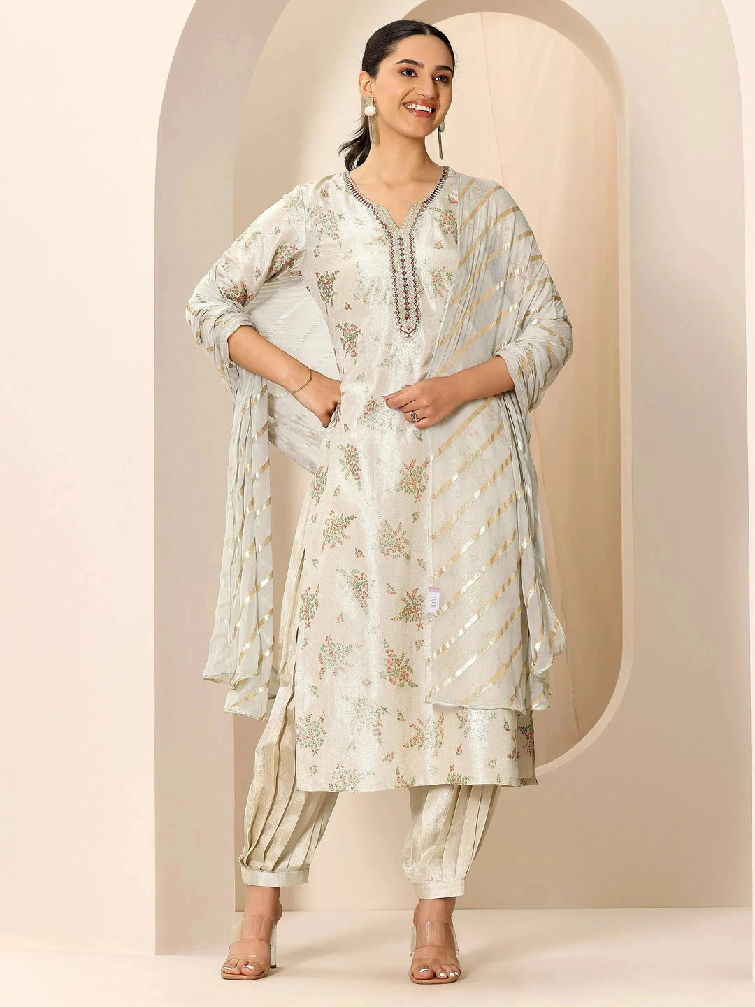 Grey Floral Printed Silk Blend Straight Suit Set With Dupatta 