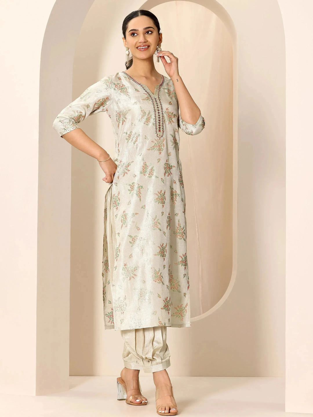  Grey Floral Printed Silk Blend Straight Suit Set With Dupatta 
