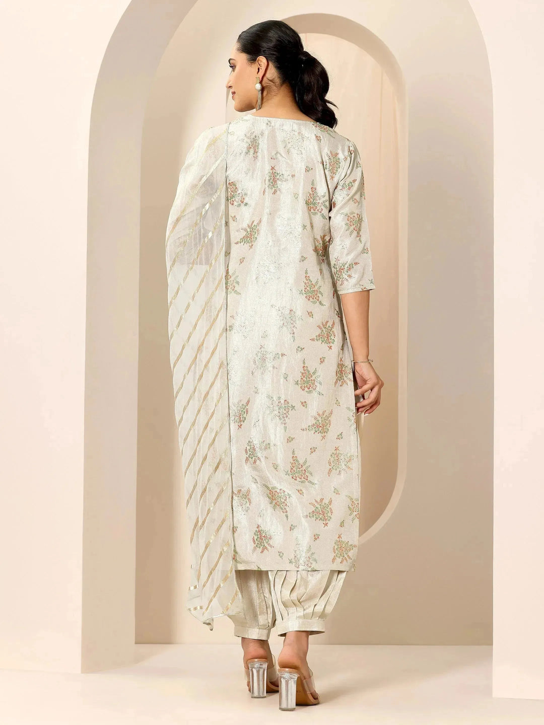  Grey Floral Printed Silk Blend Straight Suit Set With Dupatta 