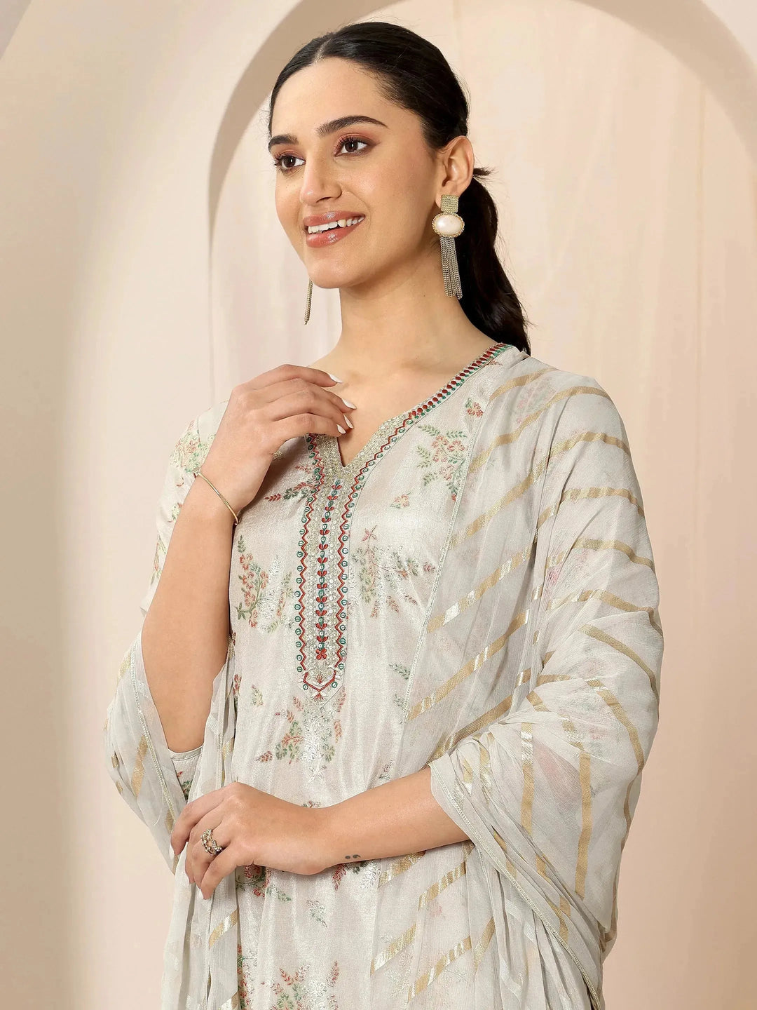  Grey Floral Printed Silk Blend Straight Suit Set With Dupatta 