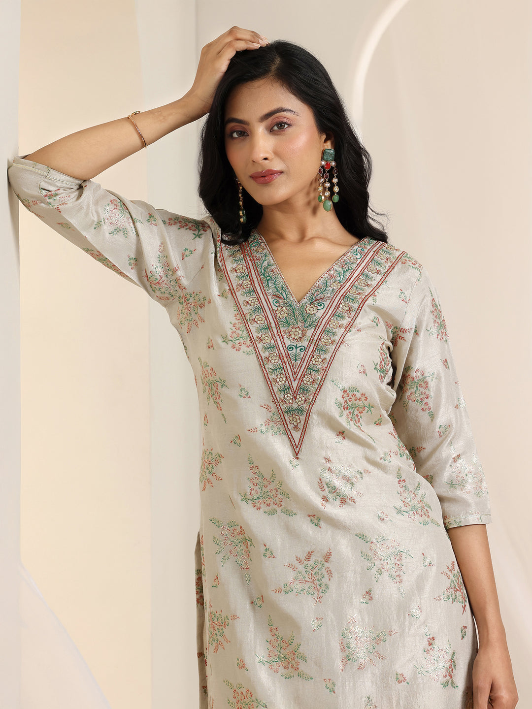  Grey Printed Silk Blend Straight Suit Set With Dupatta 