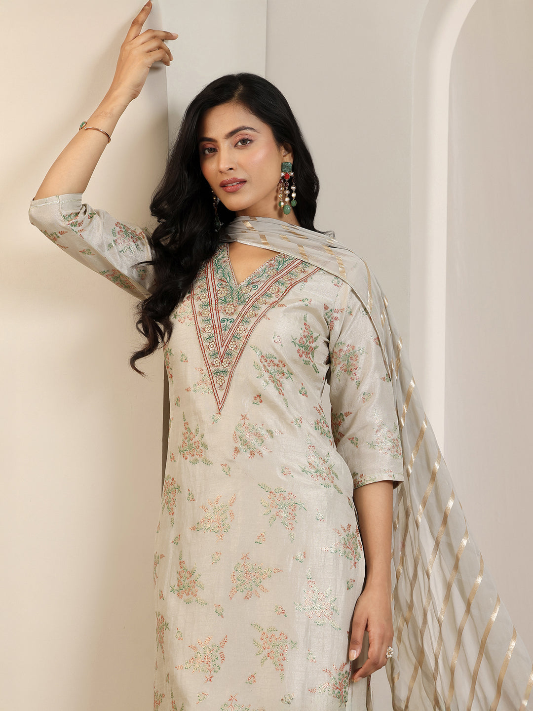  Grey Printed Silk Blend Straight Suit Set With Dupatta 
