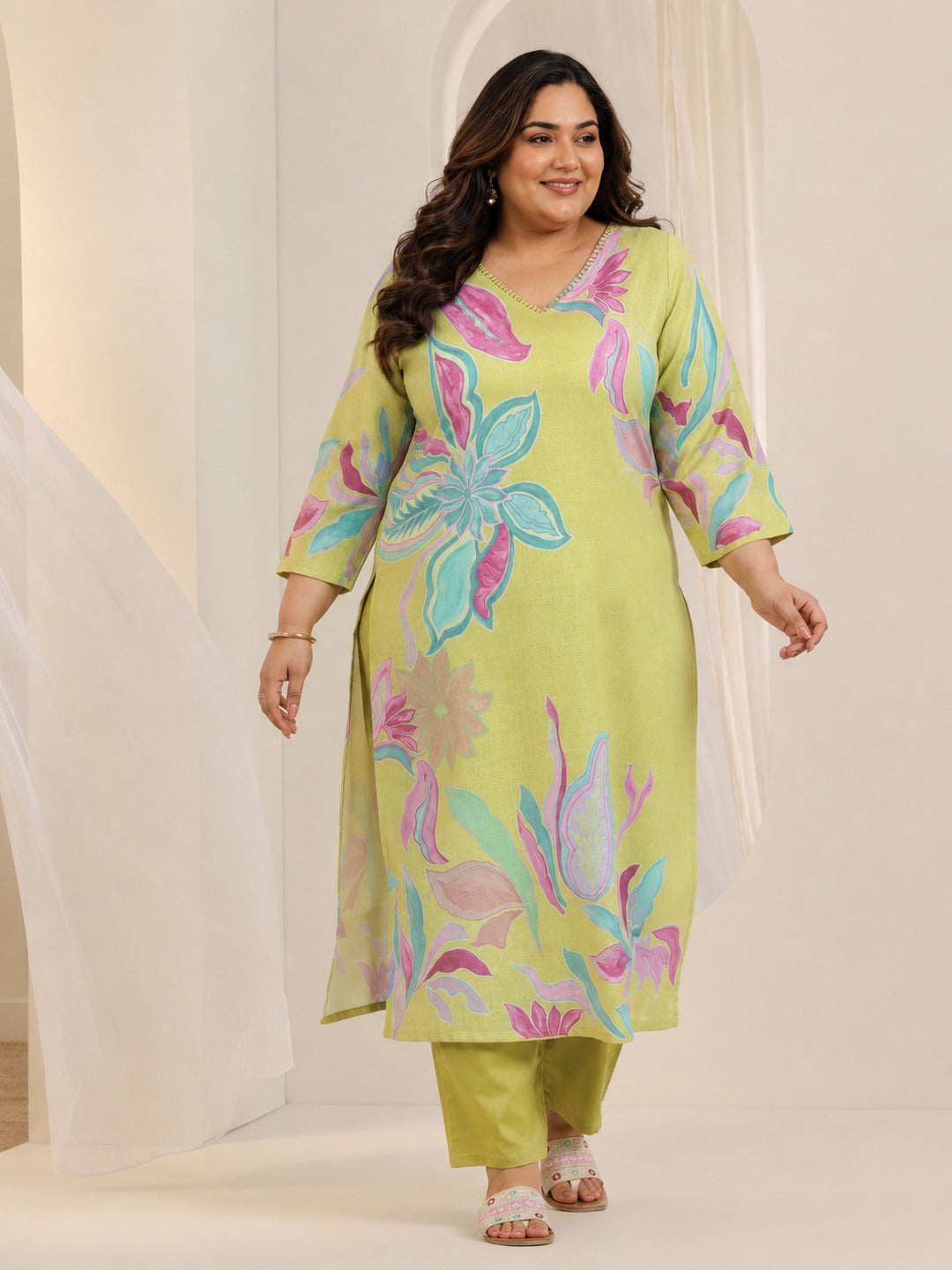  Plus Size Multi Printed Cotton Blend Straight Suit Set With Dupatta 