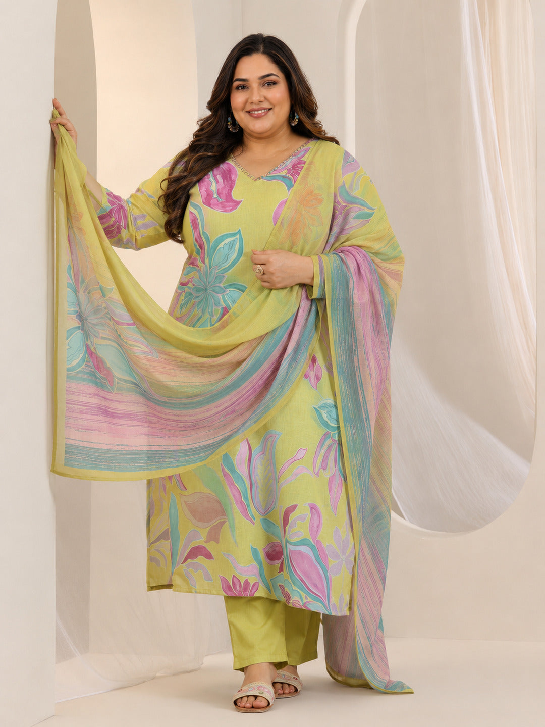  Plus Size Multi Printed Cotton Blend Straight Suit Set With Dupatta 