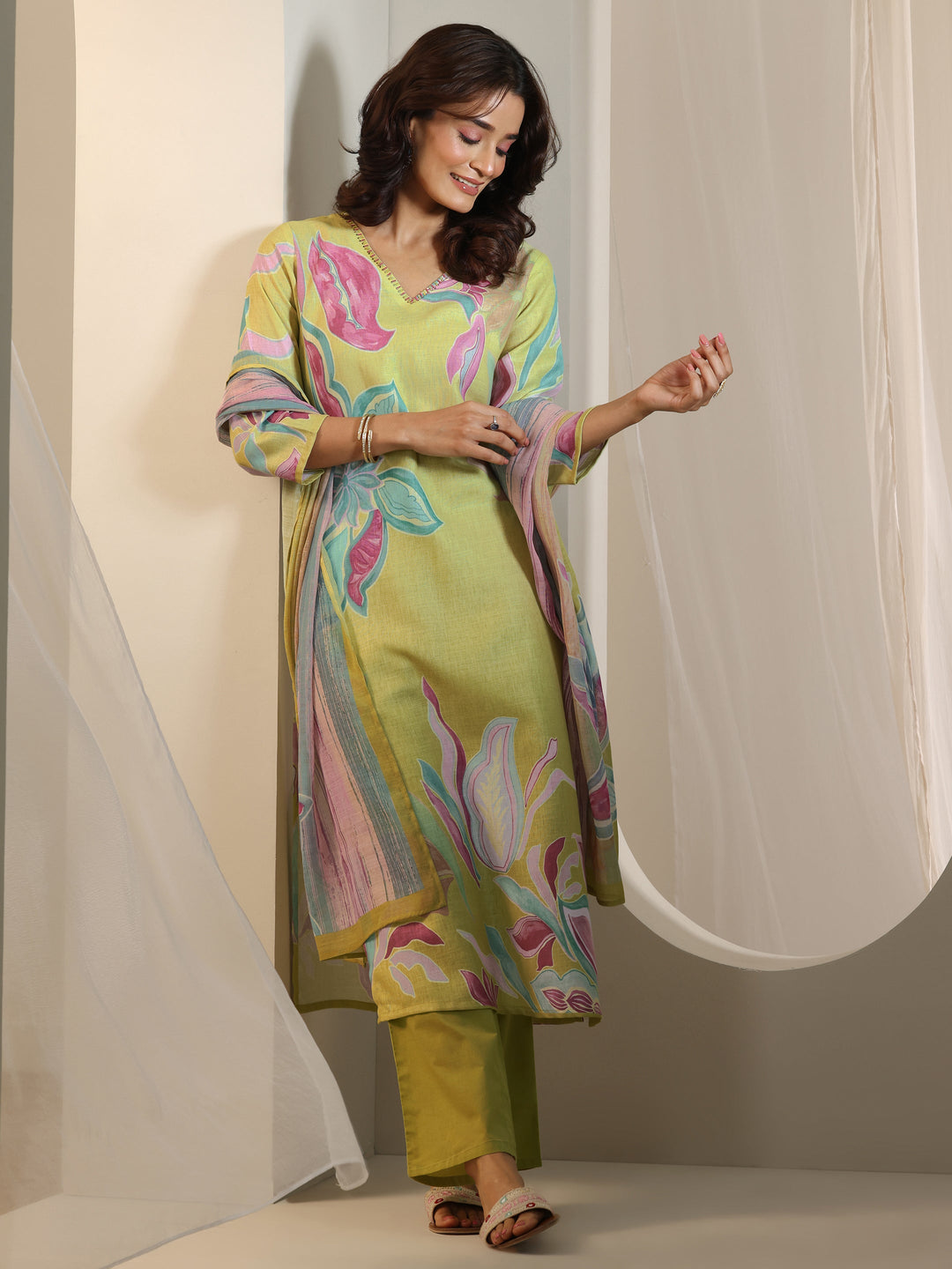  Multi Printed Cotton Blend Straight Suit Set With Dupatta 