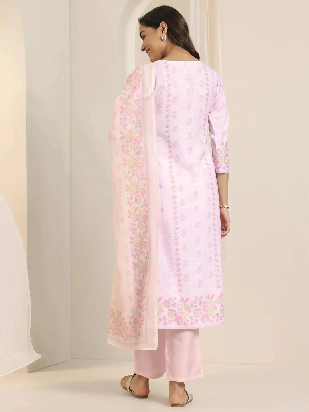 Off White Printed Cotton Blend Straight Suit Set With Dupatta