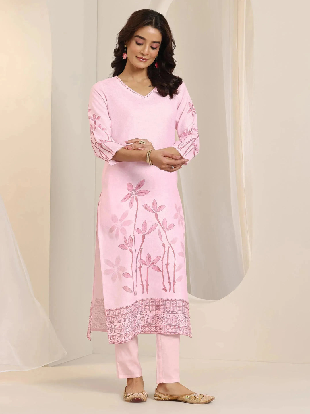  Pink Printed Cotton Blend Straight Suit Set With Dupatta 