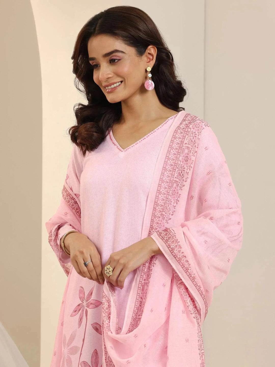  Pink Printed Cotton Blend Straight Suit Set With Dupatta 