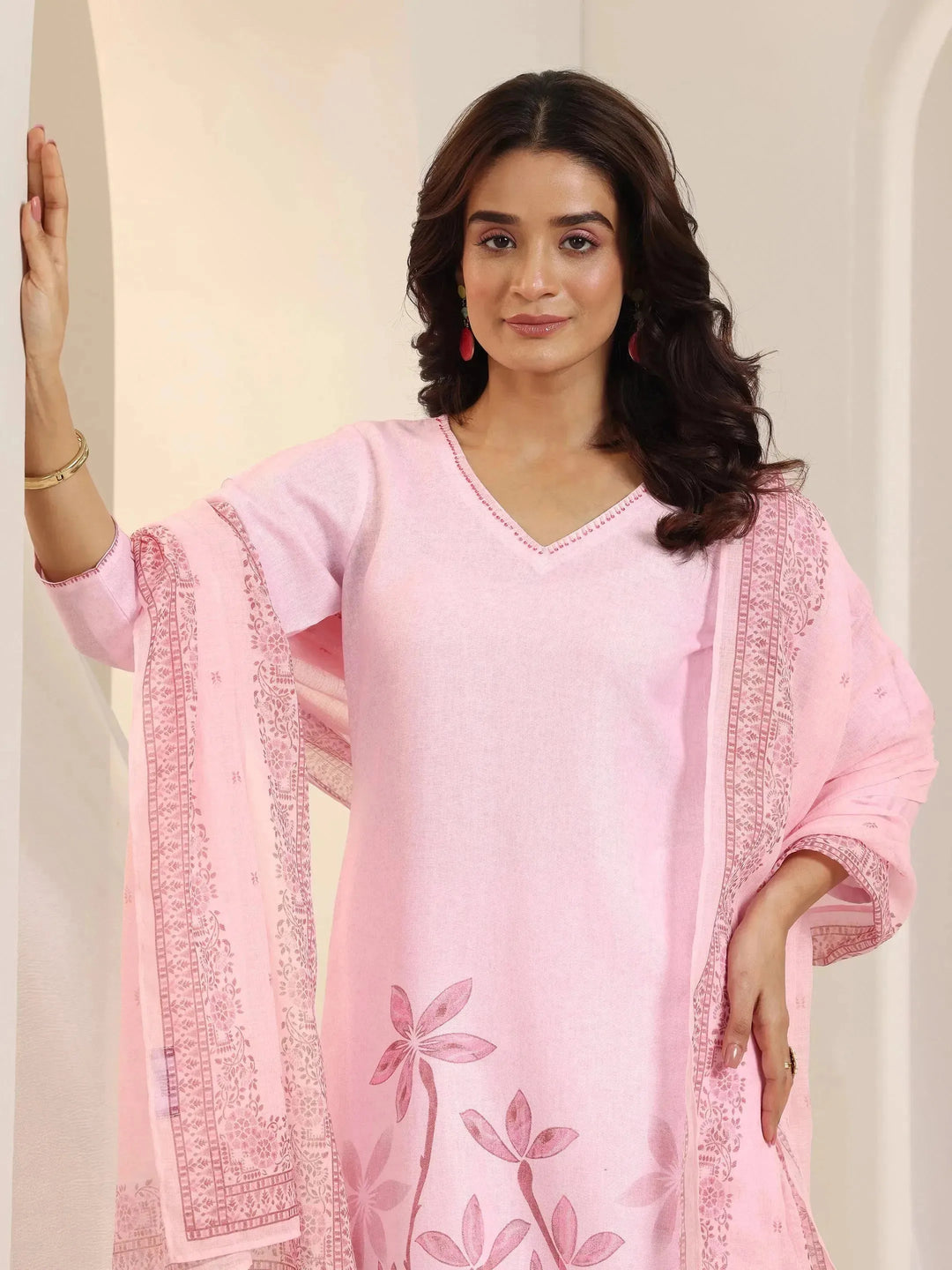  Pink Printed Cotton Blend Straight Suit Set With Dupatta 