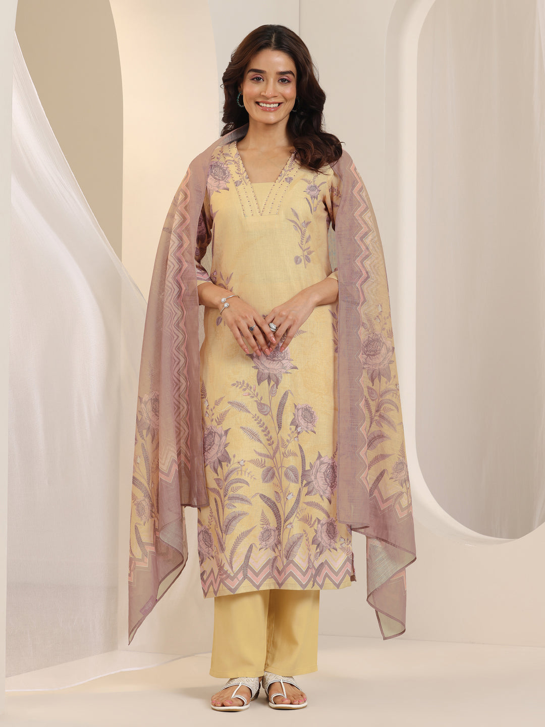  Beige Printed Cotton Blend Straight Suit Set With Dupatta 