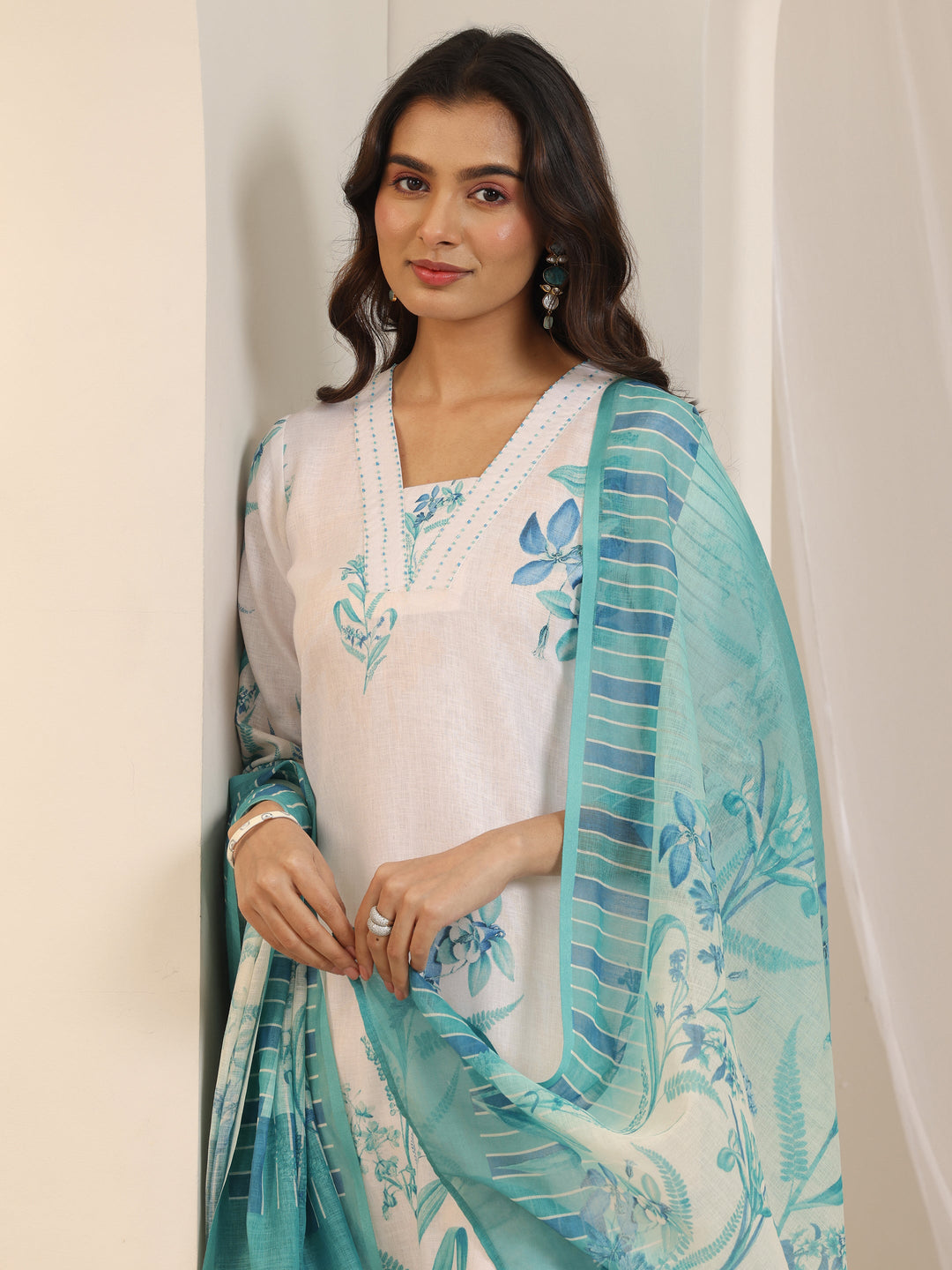  Off White Printed Cotton Blend Straight Suit Set With Dupatta 