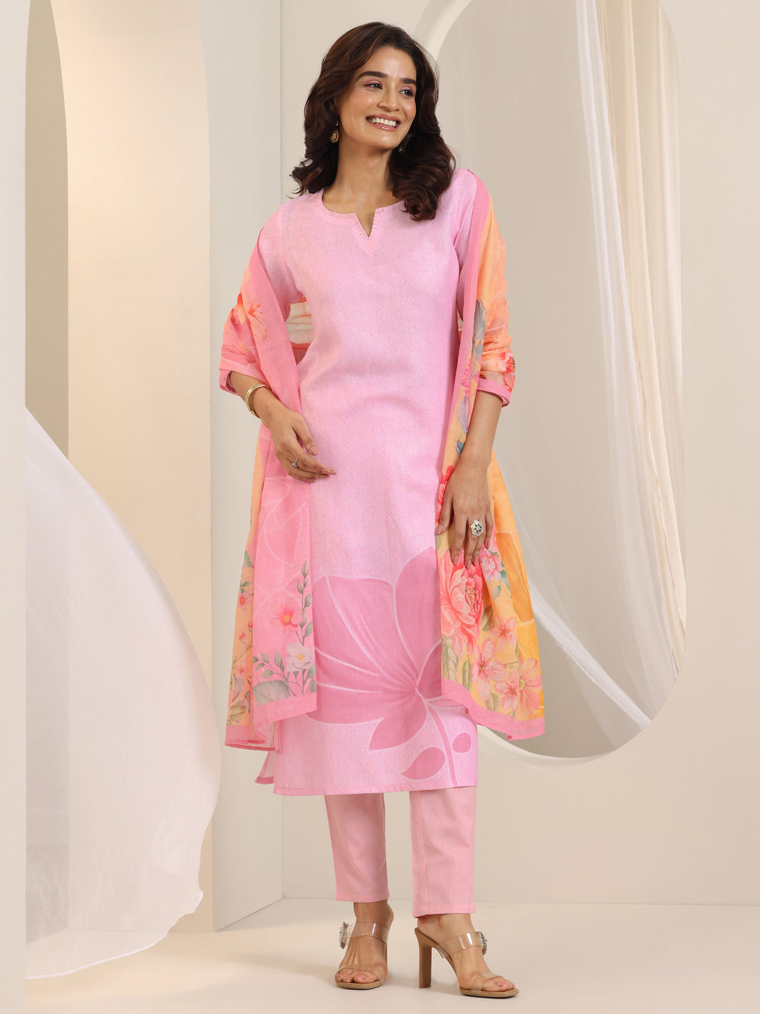  Pink Printed Cotton Blend Straight Suit Set With Dupatta 
