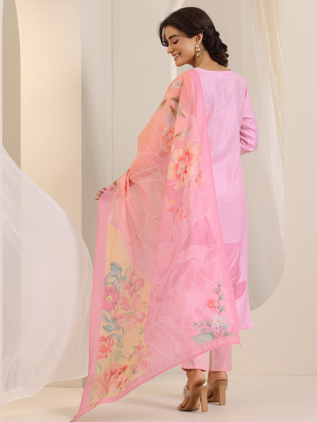  Pink Printed Cotton Blend Straight Suit Set With Dupatta 