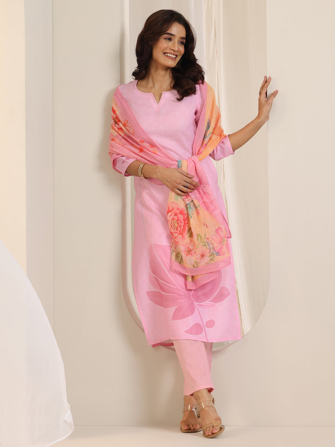  Pink Printed Cotton Blend Straight Suit Set With Dupatta 