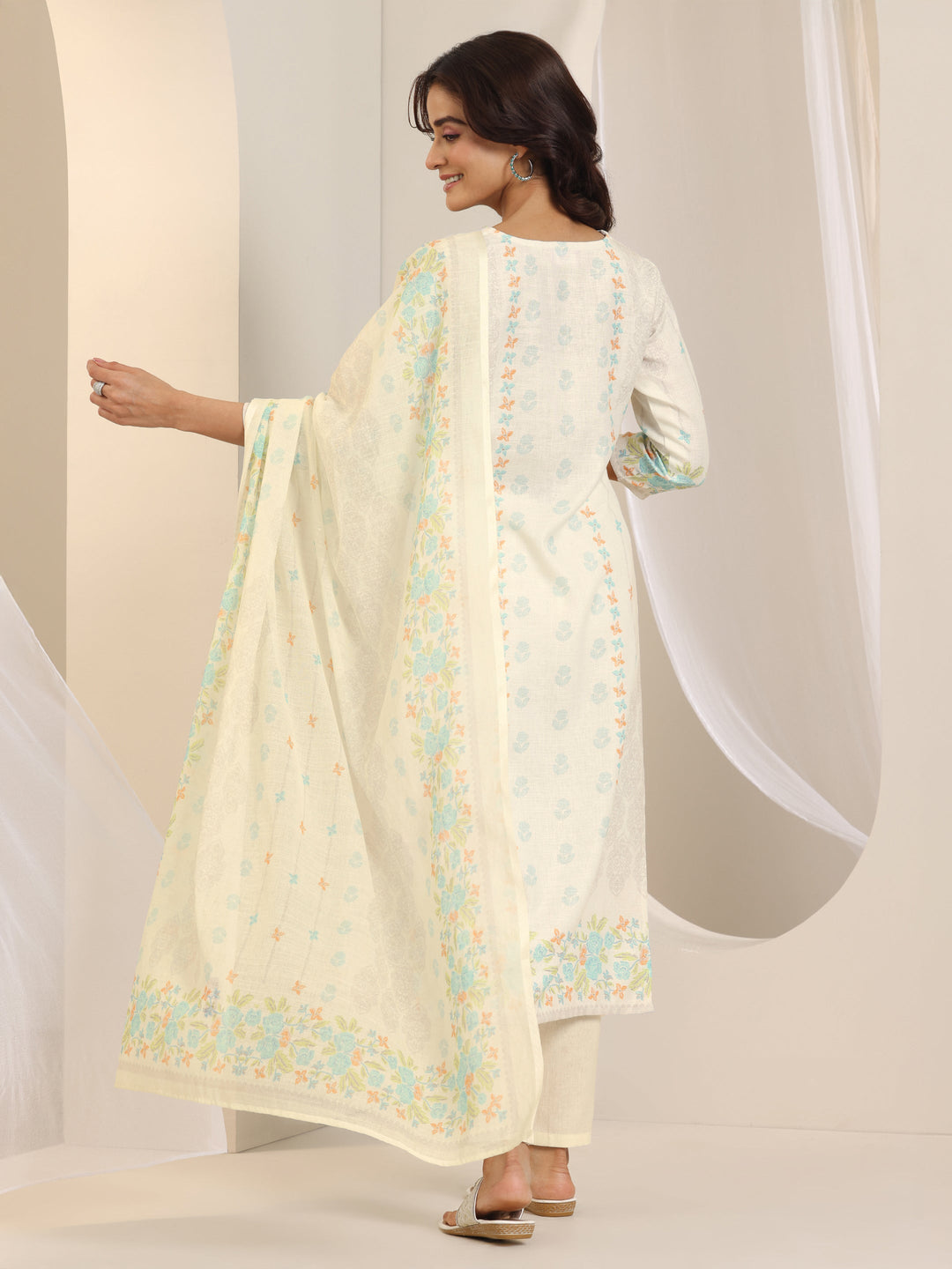  Off White Printed Cotton Blend Straight Suit Set With Dupatta 