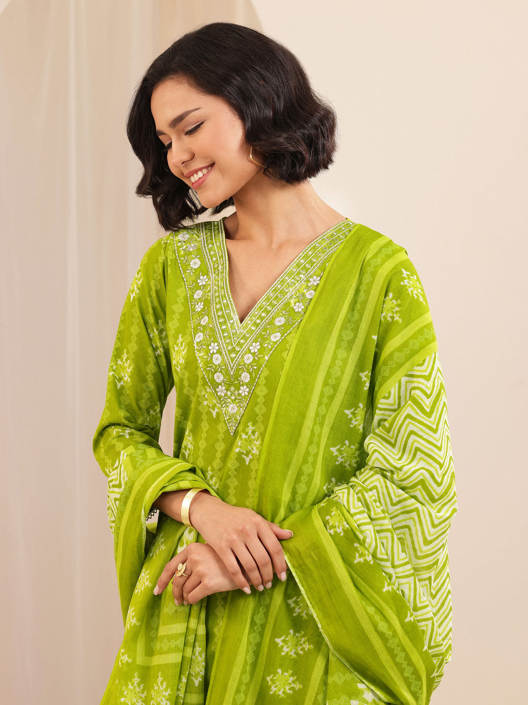  Green Printed Cotton Straight Suit Set With Dupatta 