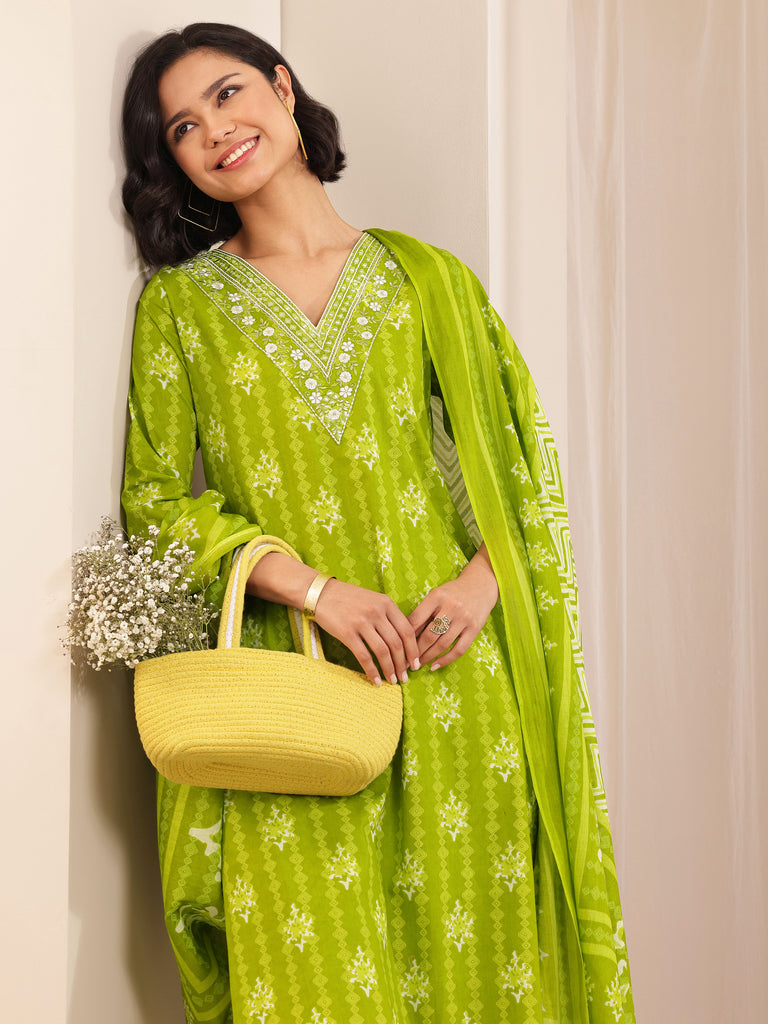 Libas Green Printed Cotton Straight Suit Set With Dupatta