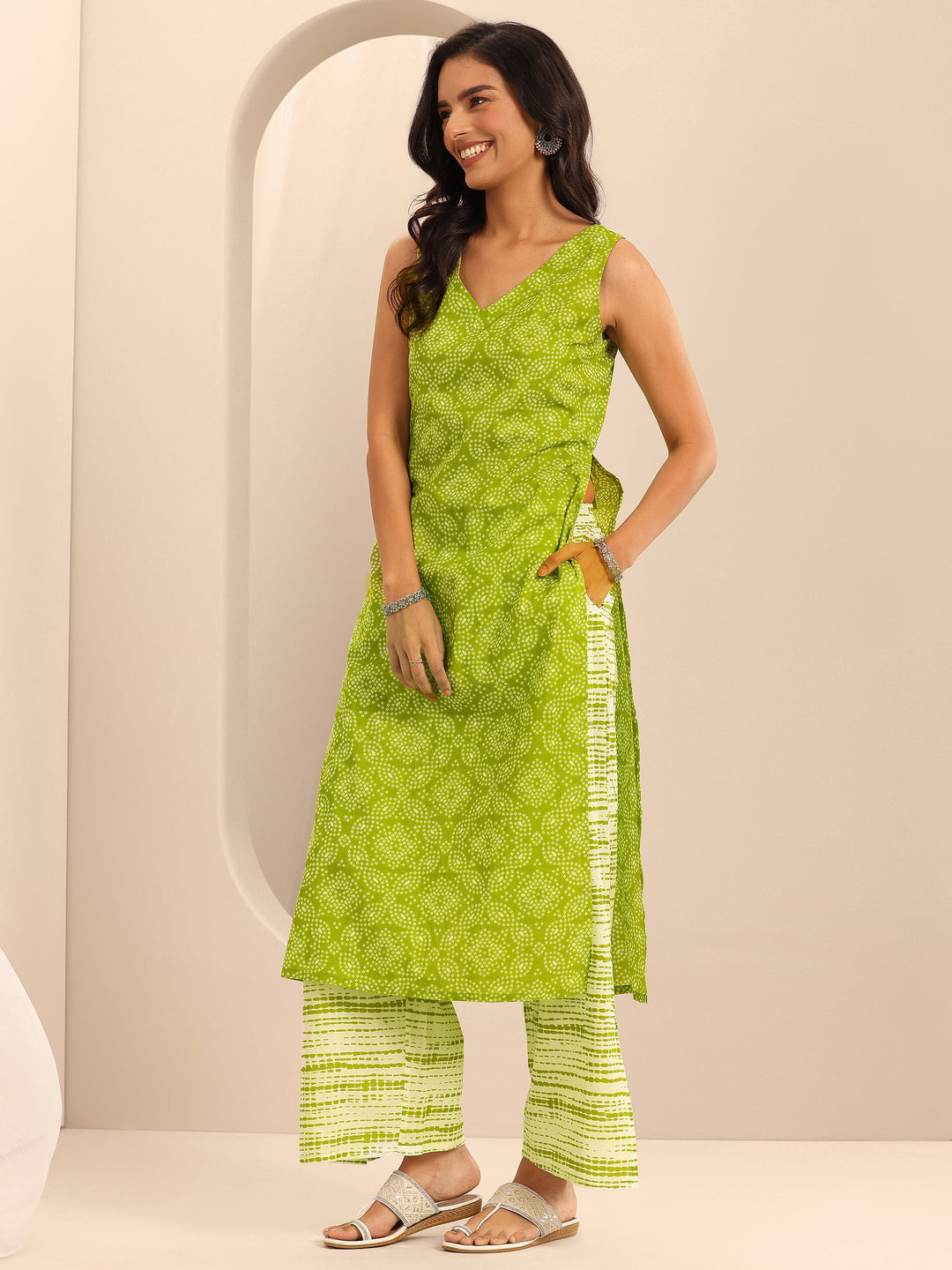  Green Printed Cotton Straight Suit Set With Dupatta 