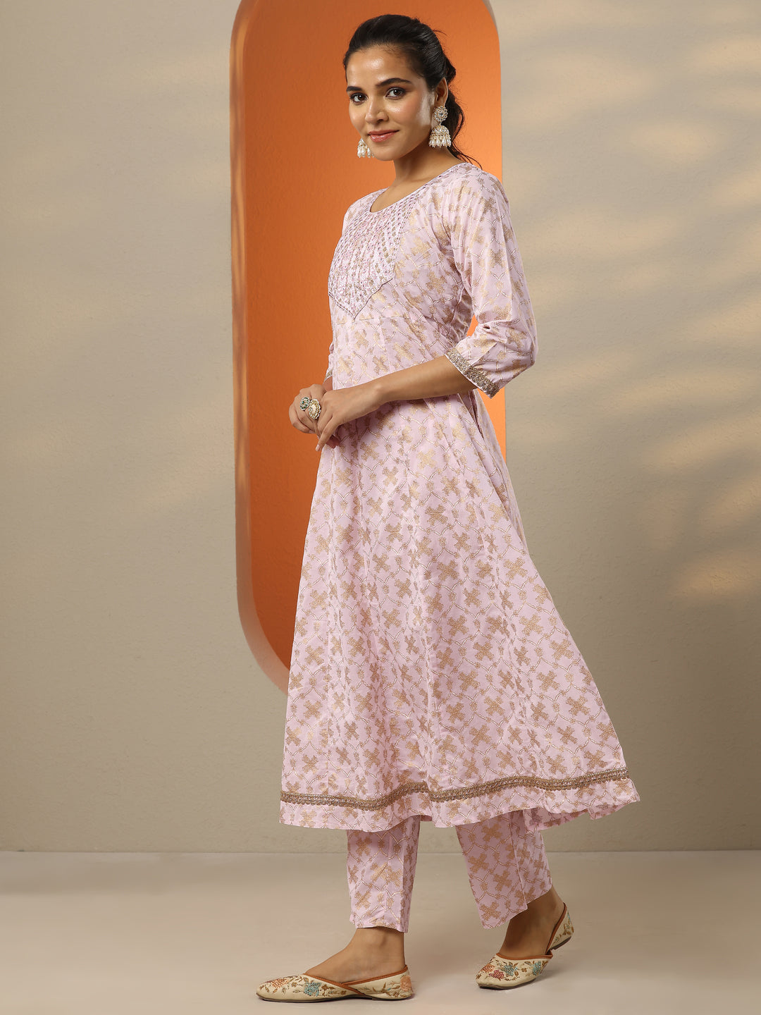  Pink Printed Cotton Anarkali Suit Set With Dupatta 