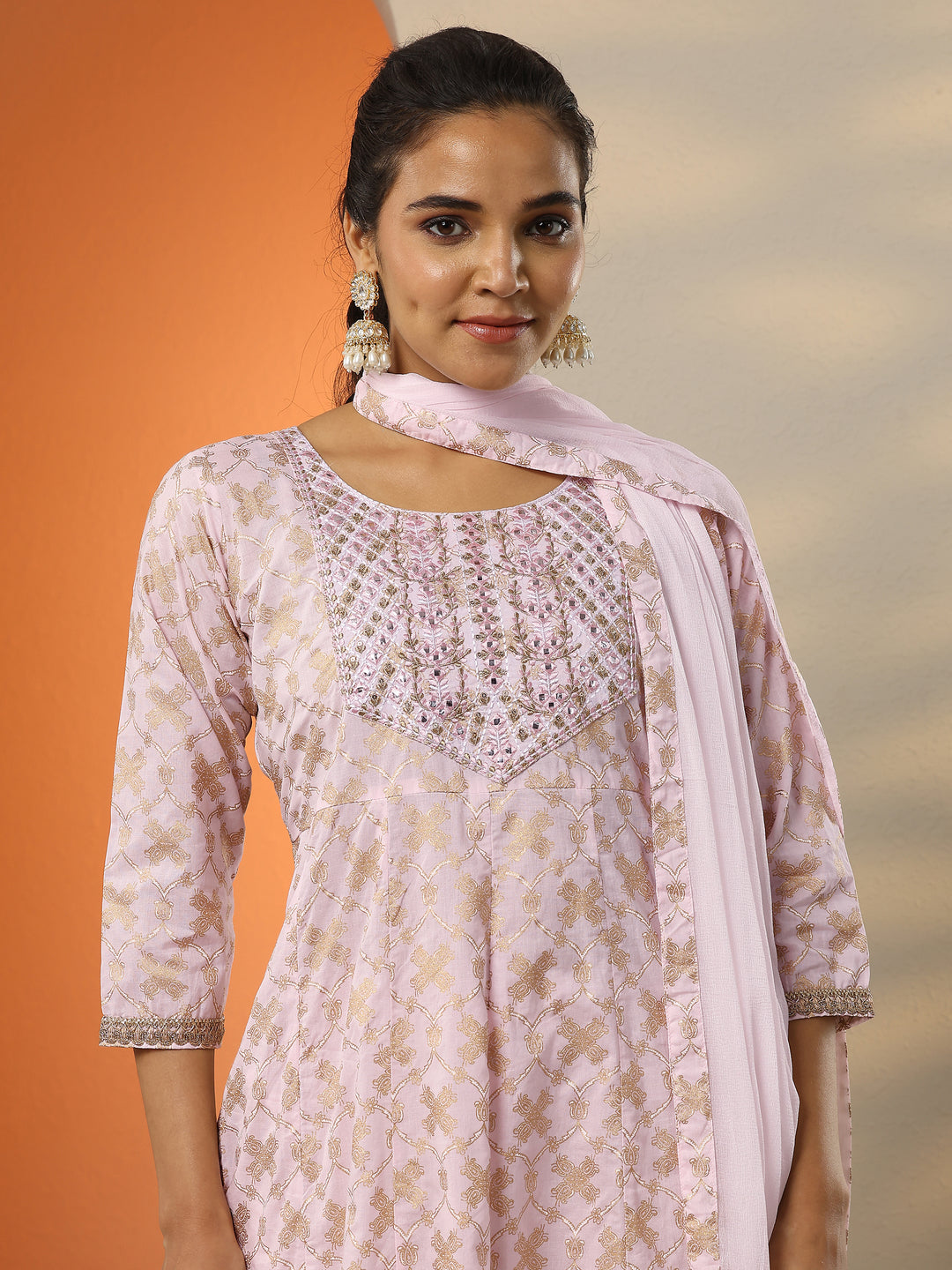  Pink Printed Cotton Anarkali Suit Set With Dupatta 