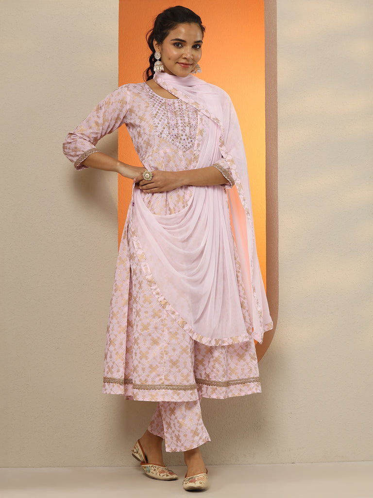 Gerua Pink Printed Cotton Blend Anarkali Suit Set With Dupatta