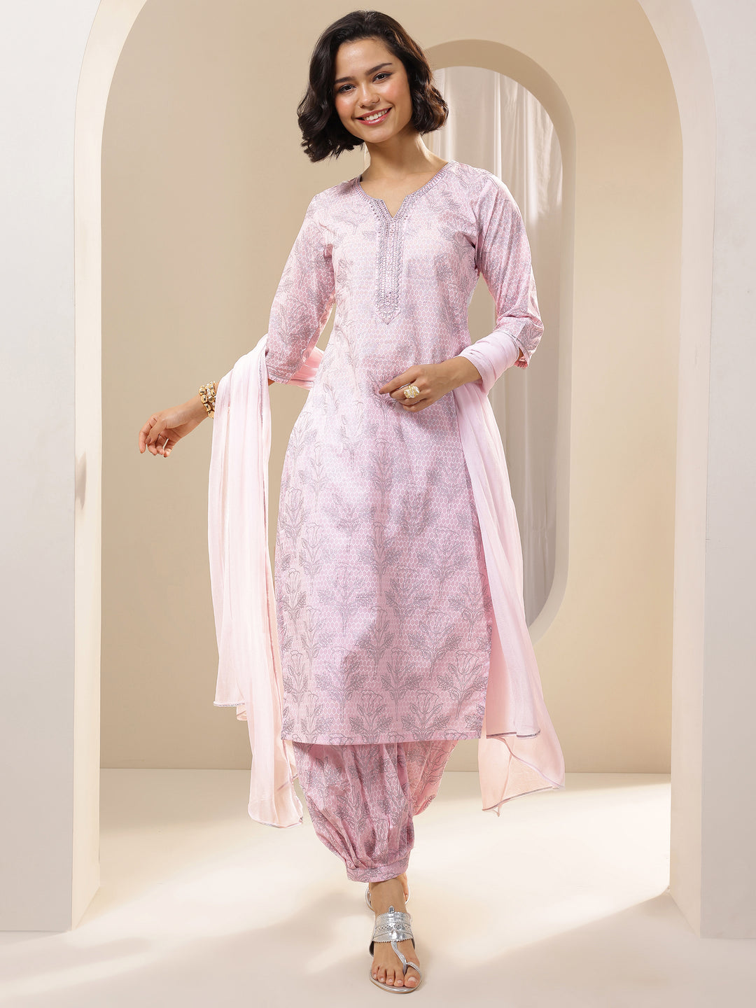  Pink Printed Cotton Straight Suit Sets With Dupatta 