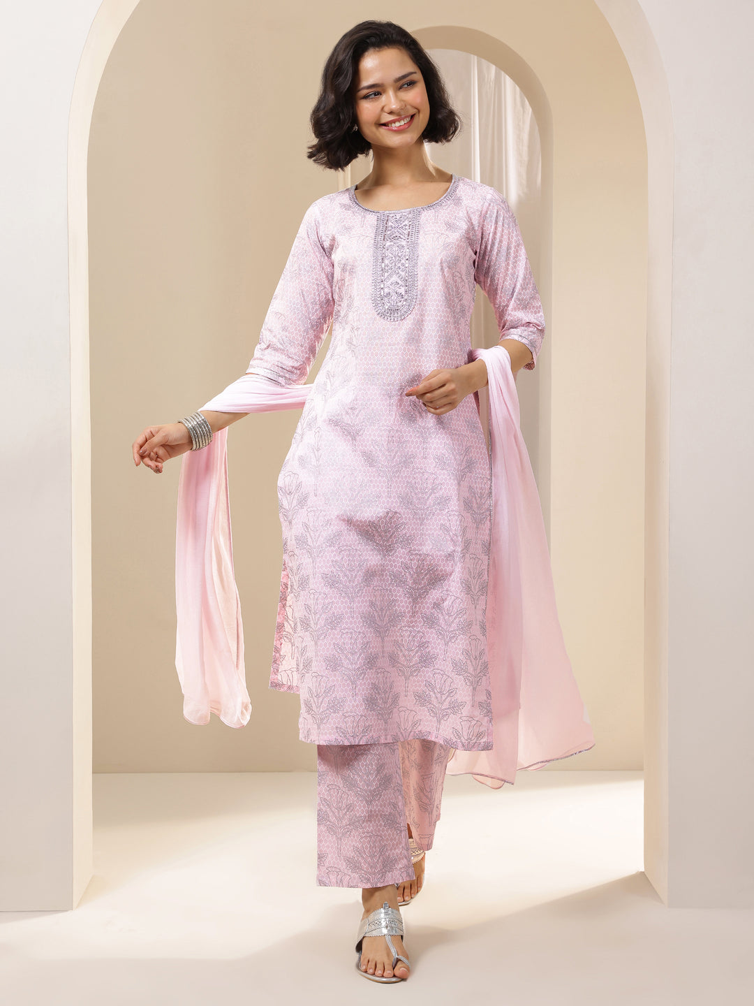  Pink Printed Cotton Straight Suit Sets With Dupatta 