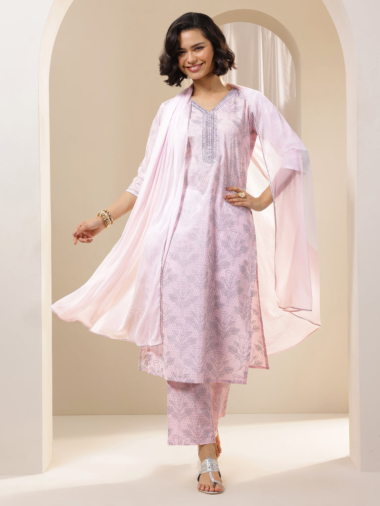 Libas Pink Printed Cotton Straight Suit Sets With Dupatta