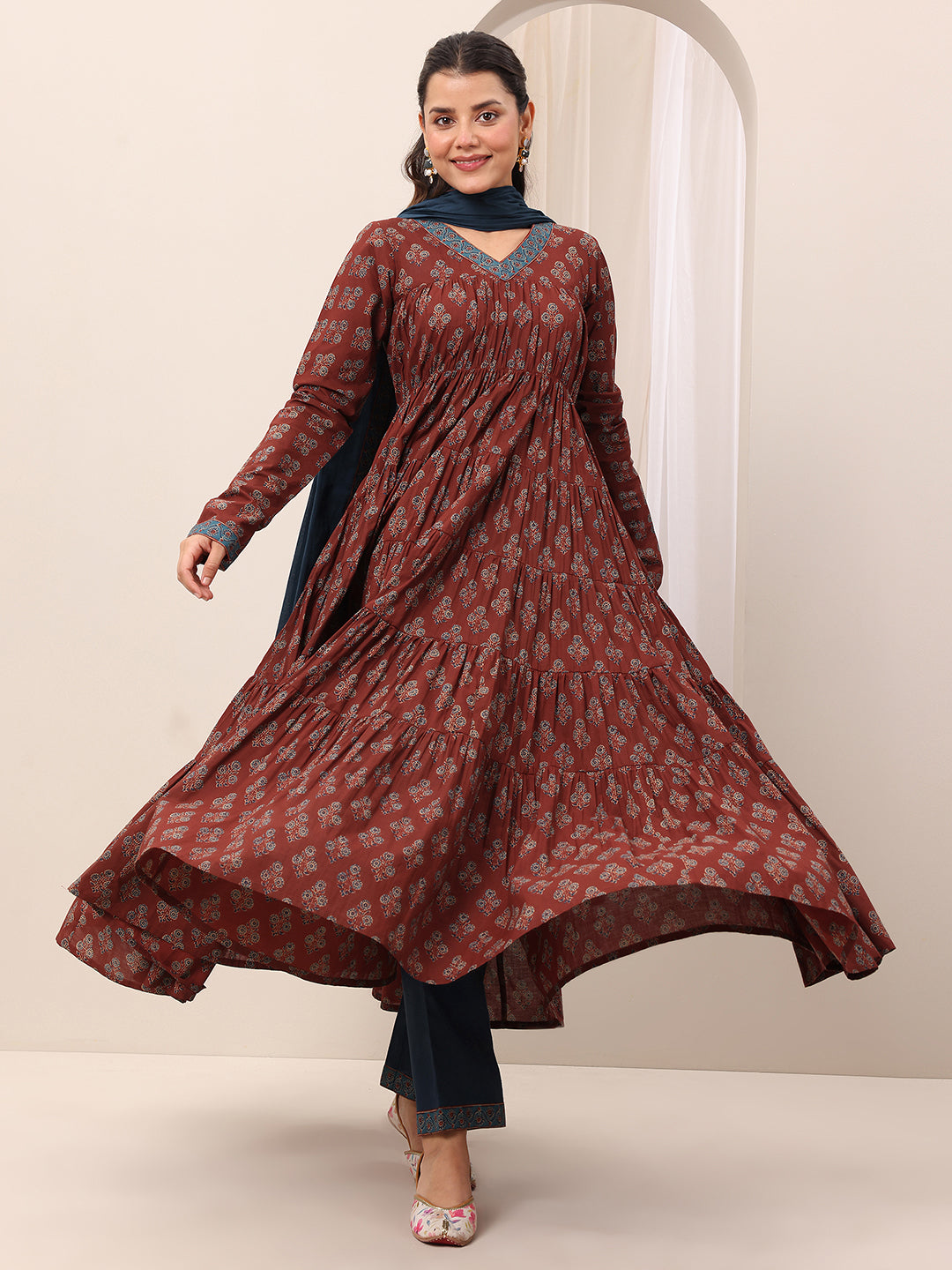 Brown Printed Cotton Straight Suit Set With Dupatta