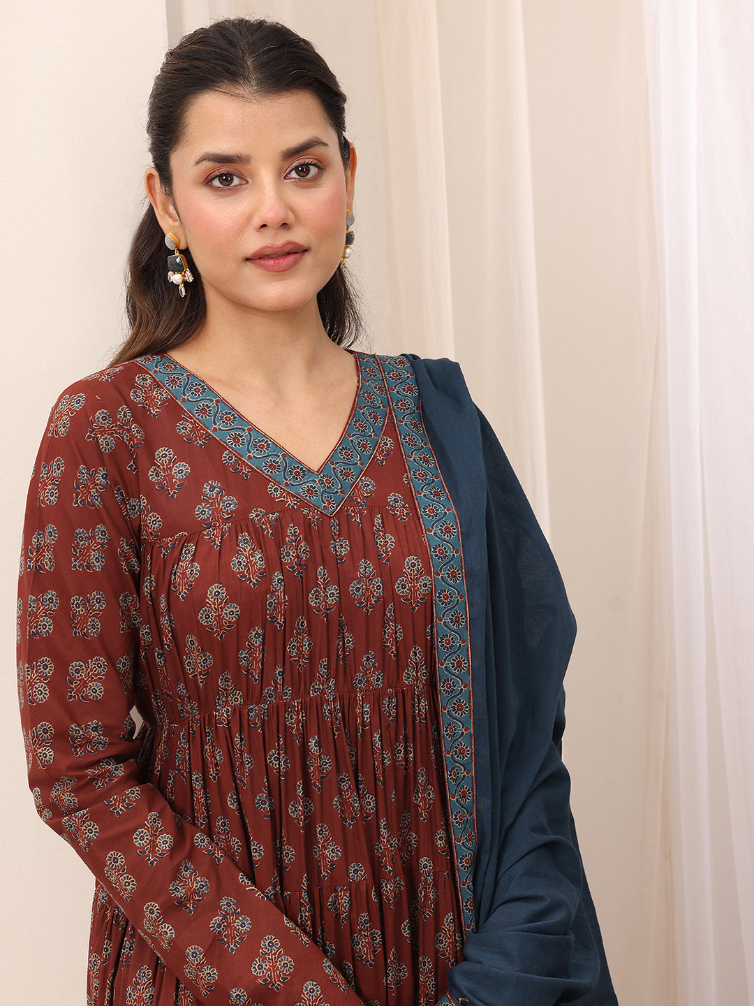  Brown Printed Cotton Anarkali Suit Set With Dupatta 