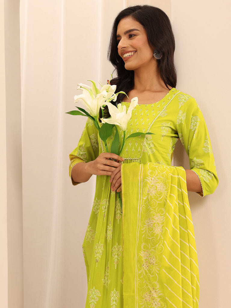 Libas Green Printed Cotton Straight Suit Set With Dupatta