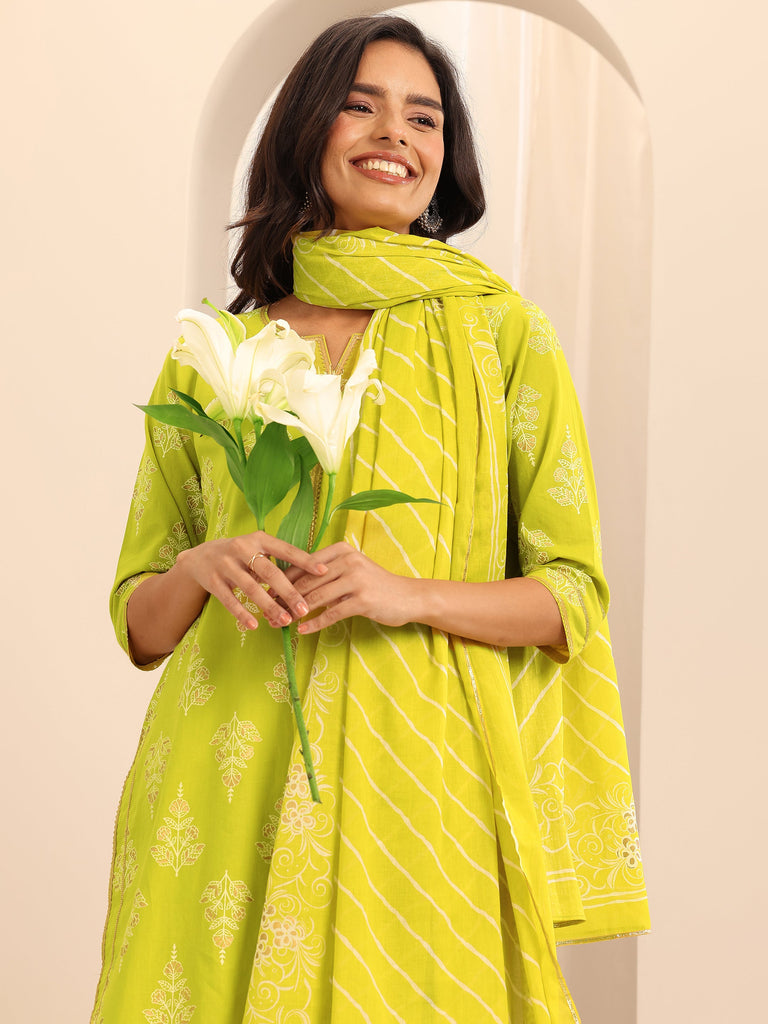 Libas Green Printed Cotton Straight Suit Set With Dupatta
