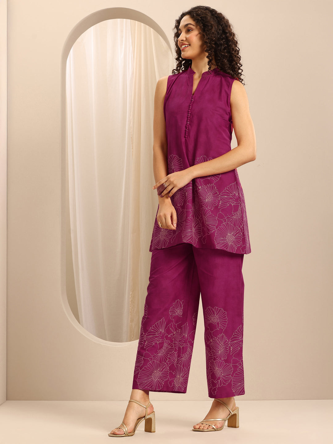  Pink Printed Cotton Blend A-line Kurta Set 