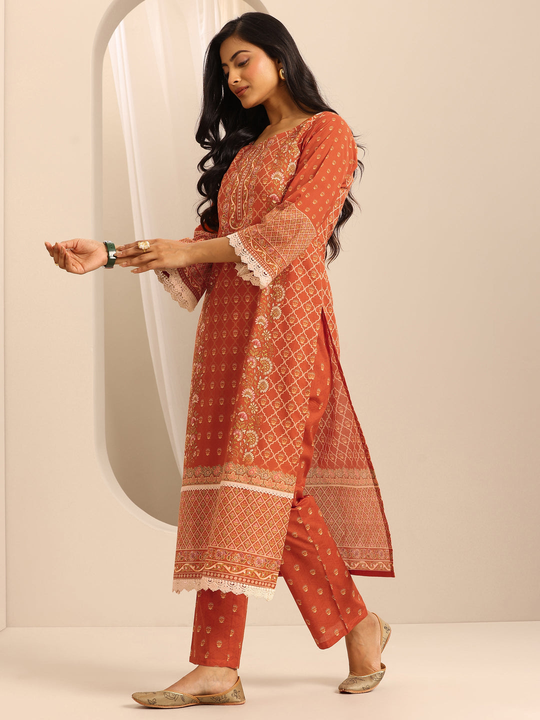  Orange Printed Cotton Blend Straight Suit Set With Dupatta 